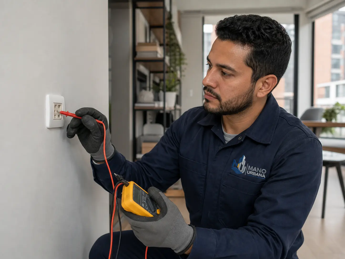 Técnico de Mano Urbana realiza una revisión eléctrica básica con un multímetro.