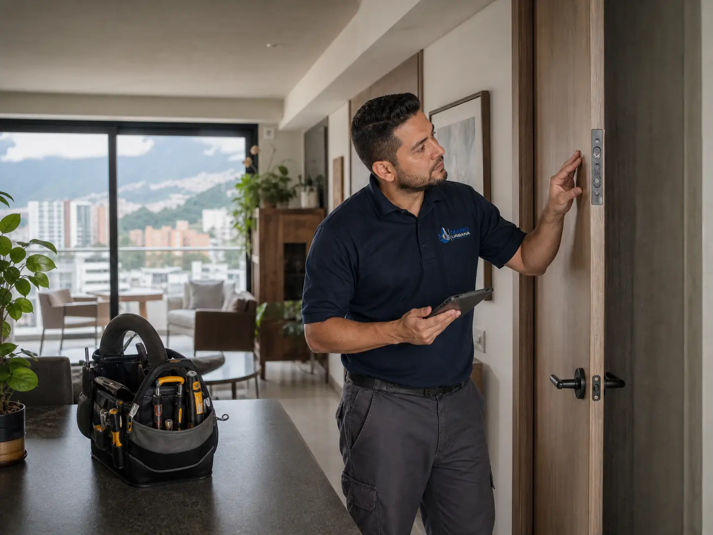 Técnico de Mano Urbana inspecciona un herraje durante un mantenimiento locativo.