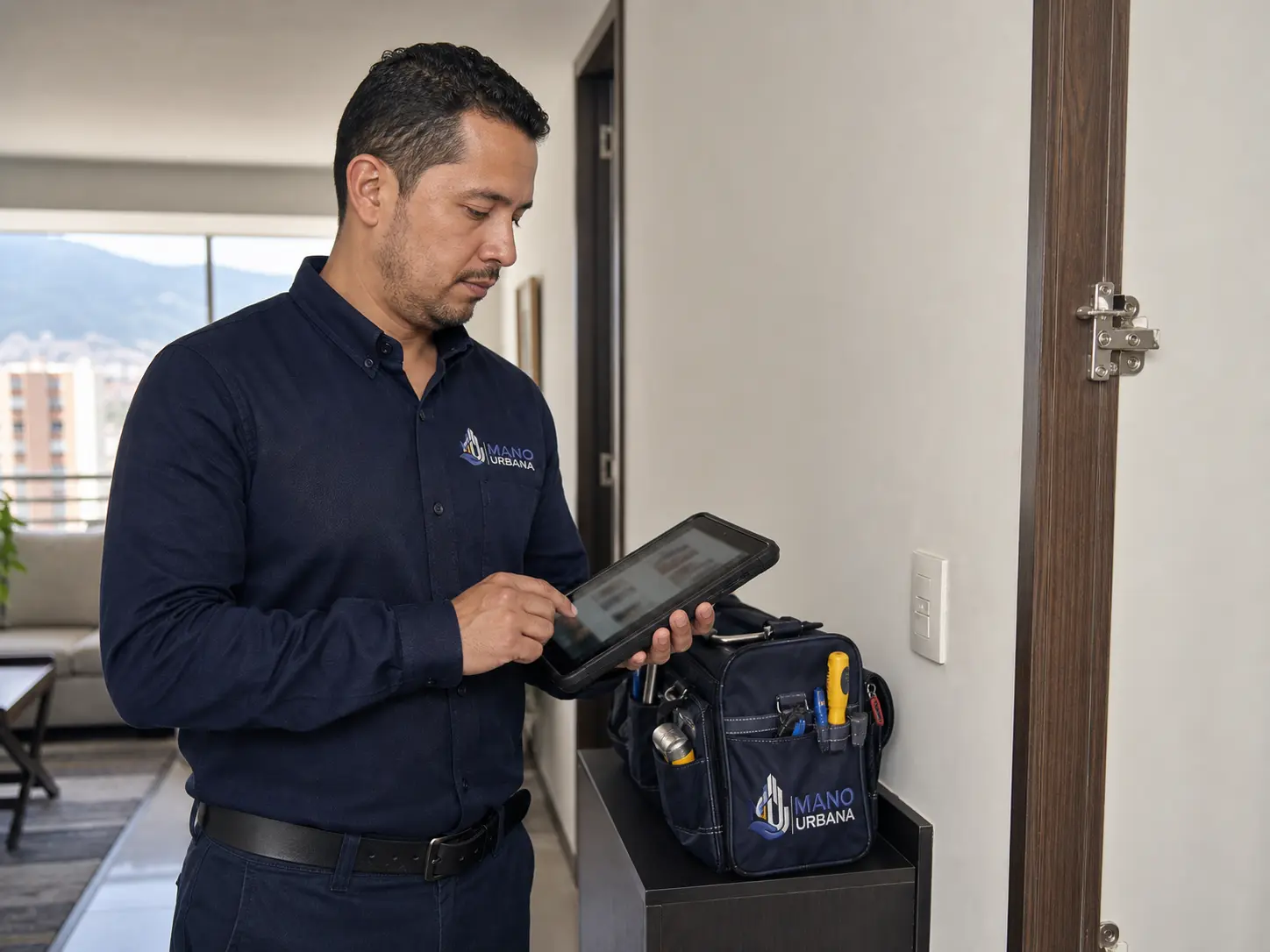 Técnico de Mano Urbana registra el seguimiento de un mantenimiento en una tableta.