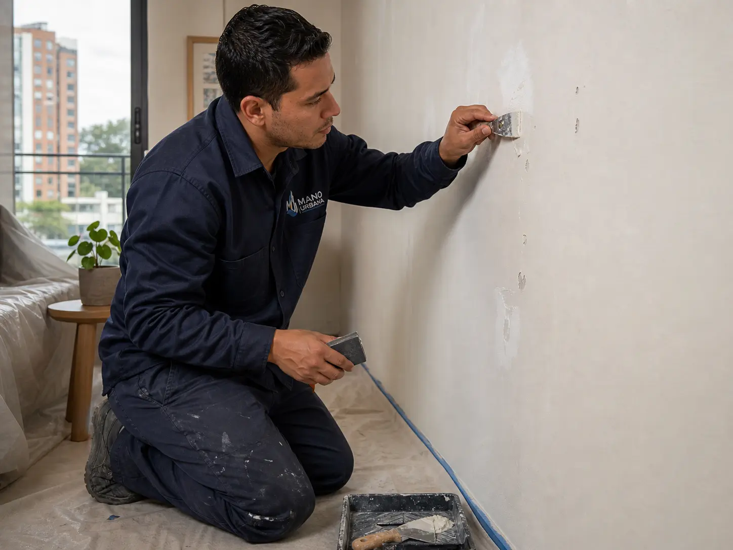 Técnico prepara y protege una pared antes de pintar un apartamento.