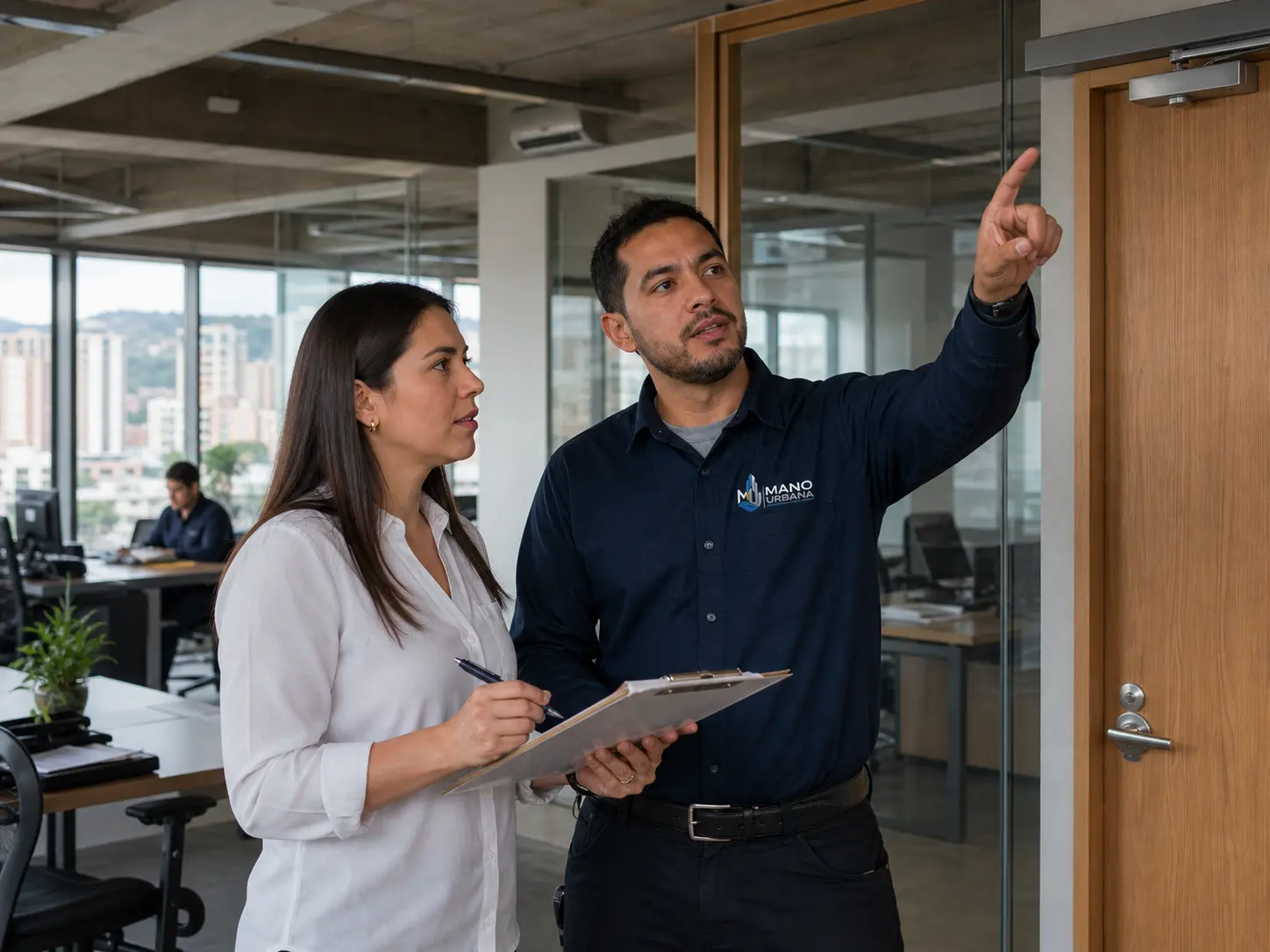 Técnico de Mano Urbana revisa pendientes locativos con una coordinadora de oficina.